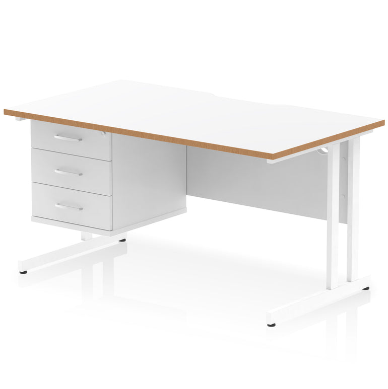 Impulse Scalloped Edge 1400mm Cantilever Desk with Single Fixed Pedestal – Multiple Colours & Leg Finishes, 2/3 Drawers, MFC, Self-Assembly, 10 Year Warranty