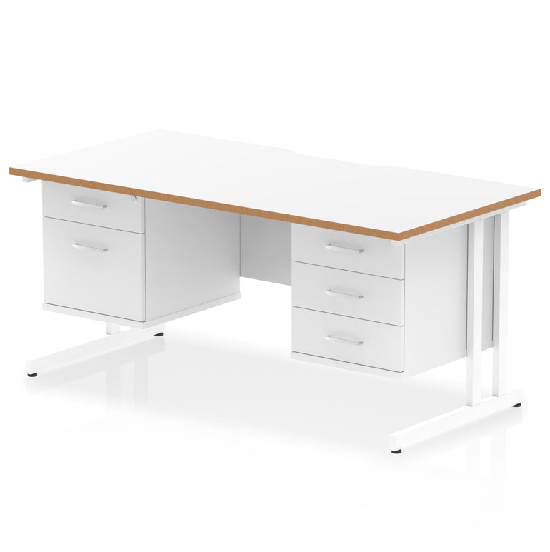 Impulse 1600mm Cantilever Desk with Scalloped Edge & 2 Fixed Pedestals – Choice of Wood or White Finishes, Leg Colours & Drawer Options – MFC, Self Assembly, 10 Year Warranty