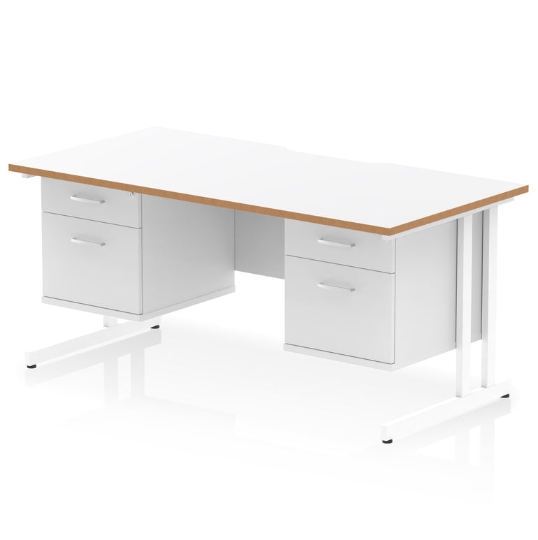 Impulse 1600mm Cantilever Desk with Scalloped Edge & 2 Fixed Pedestals – Choice of Wood or White Finishes, Leg Colours & Drawer Options – MFC, Self Assembly, 10 Year Warranty
