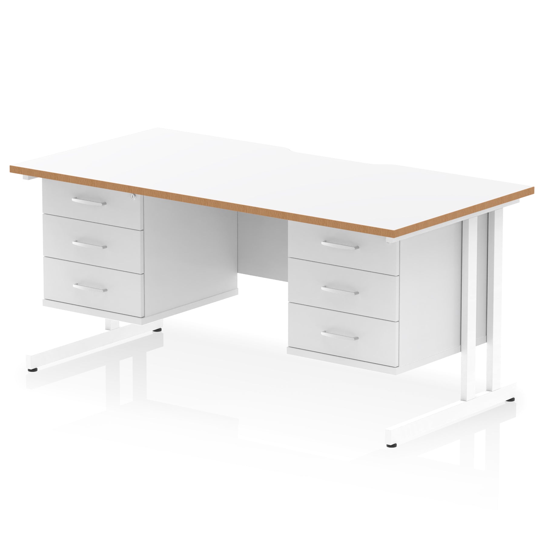Impulse 1600mm Cantilever Desk with Scalloped Edge & 2 Fixed Pedestals – Choice of Wood or White Finishes, Leg Colours & Drawer Options – MFC, Self Assembly, 10 Year Warranty
