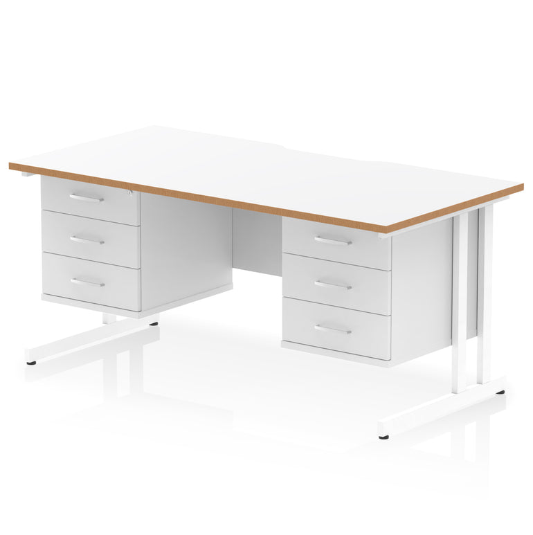Impulse 1600mm Cantilever Desk with Scalloped Edge & 2 Fixed Pedestals – Choice of Wood or White Finishes, Leg Colours & Drawer Options – MFC, Self Assembly, 10 Year Warranty