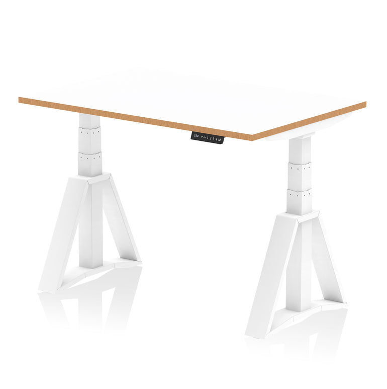 Oslo Air Height Adjustable Desk, White Top with Natural Wood Edge, White Steel Frame, 1200–1600mm Wide, Self-Assembly, 10 Year Warranty