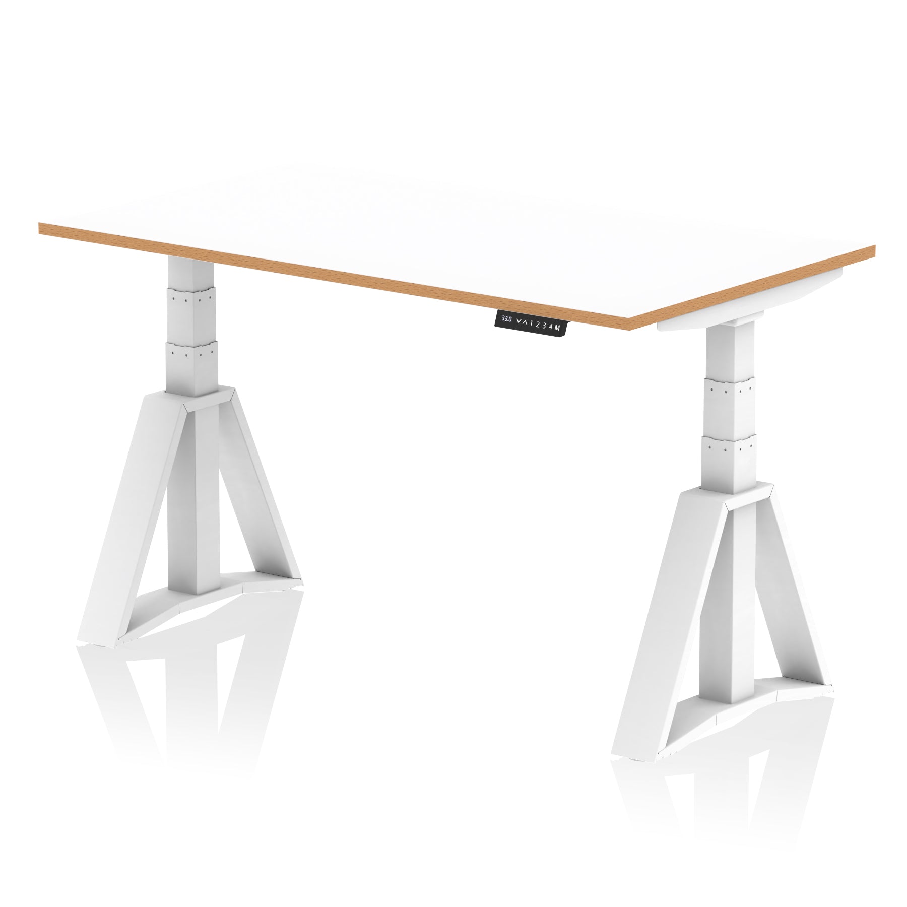 Oslo Air Height Adjustable Desk, White Top with Natural Wood Edge, White Steel Frame, 1200–1600mm Wide, Self-Assembly, 10 Year Warranty