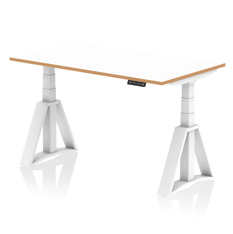 Oslo Air Height Adjustable Desk, White Top with Natural Wood Edge, White Steel Frame, 1200–1600mm Wide, Self-Assembly, 10 Year Warranty