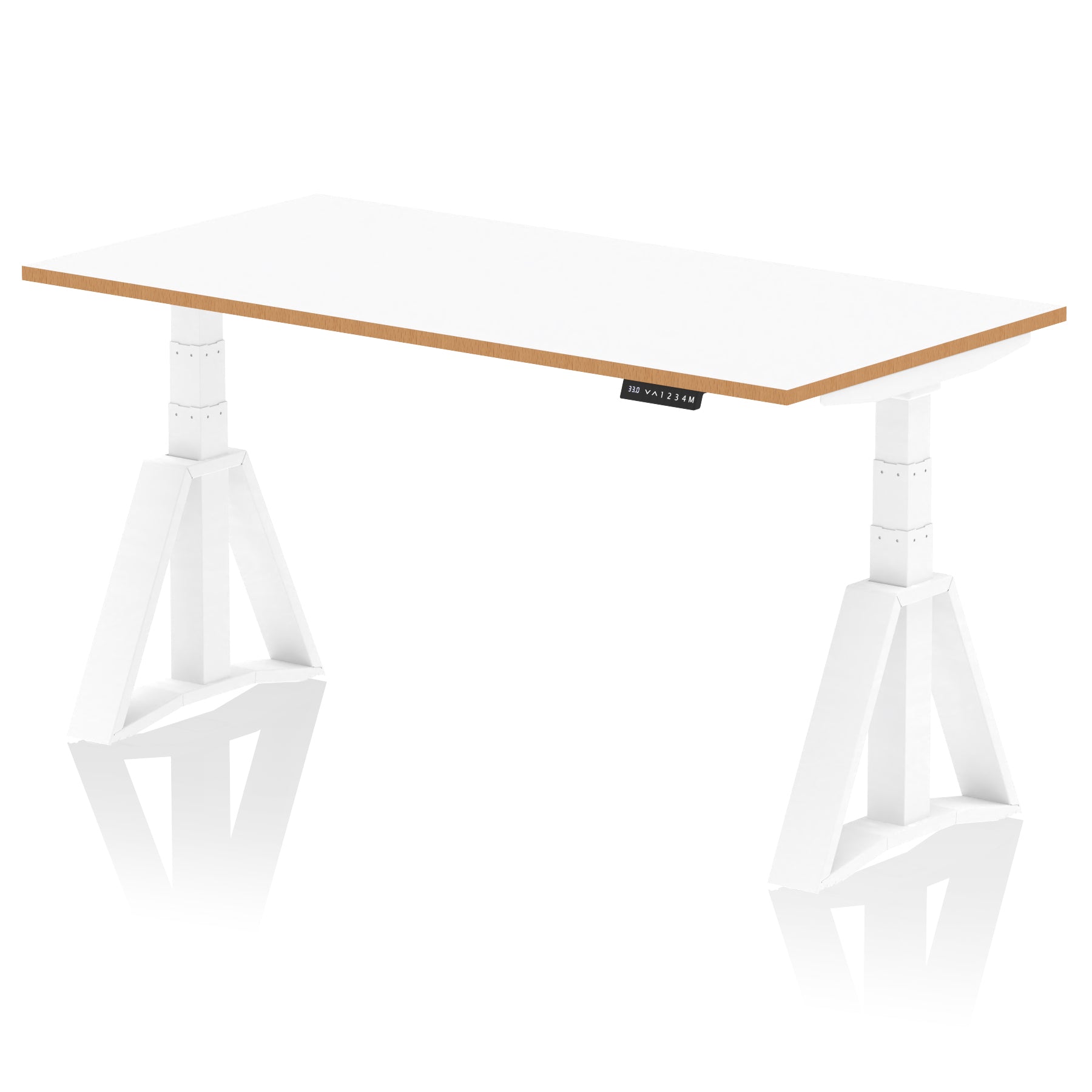 Oslo Air Height Adjustable Desk, White Top with Natural Wood Edge, White Steel Frame, 1200–1600mm Wide, Self-Assembly, 10 Year Warranty
