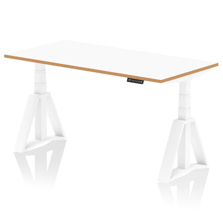 Oslo Air Height Adjustable Desk, White Top with Natural Wood Edge, White Steel Frame, 1200–1600mm Wide, Self-Assembly, 10 Year Warranty