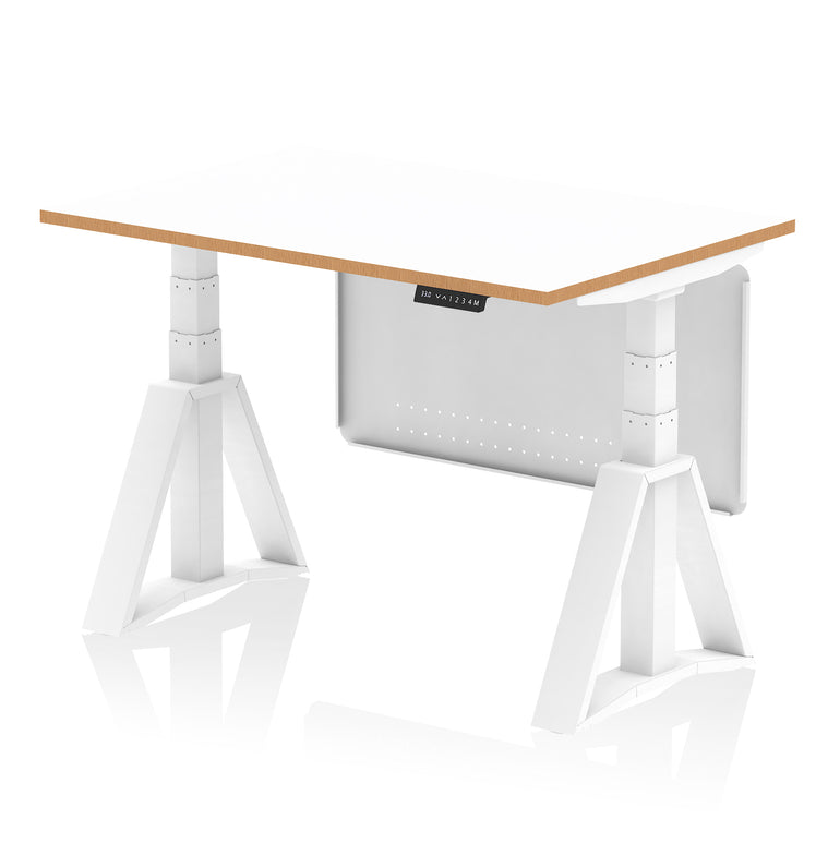 Oslo Air Height Adjustable Desk, White Top & Natural Wood Edge, White Steel Frame & Modesty Panel, 1200–1600mm, Self-Assembly, 10 Yr Warranty, MFC & Steel