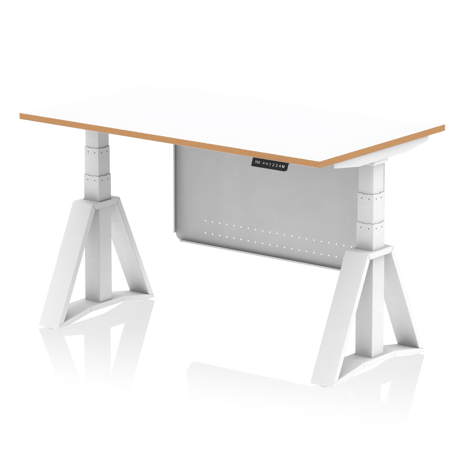 Oslo Air Height Adjustable Desk, White Top & Natural Wood Edge, White Steel Frame & Modesty Panel, 1200–1600mm, Self-Assembly, 10 Yr Warranty, MFC & Steel