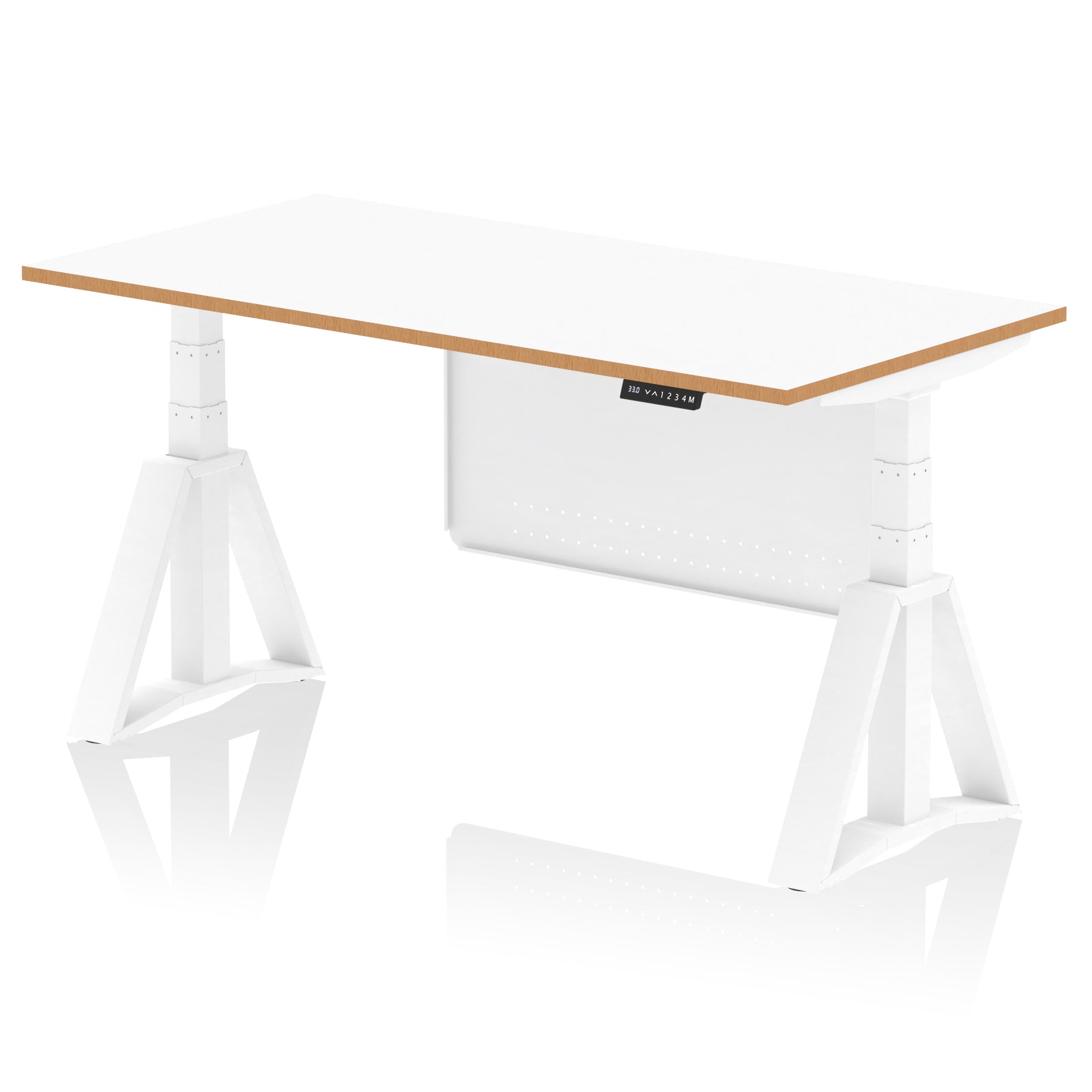 Oslo Air Height Adjustable Desk, White Top & Natural Wood Edge, White Steel Frame & Modesty Panel, 1200–1600mm, Self-Assembly, 10 Yr Warranty, MFC & Steel