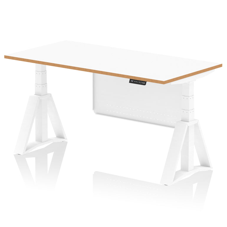Oslo Air Height Adjustable Desk, White Top & Natural Wood Edge, White Steel Frame & Modesty Panel, 1200–1600mm, Self-Assembly, 10 Yr Warranty, MFC & Steel