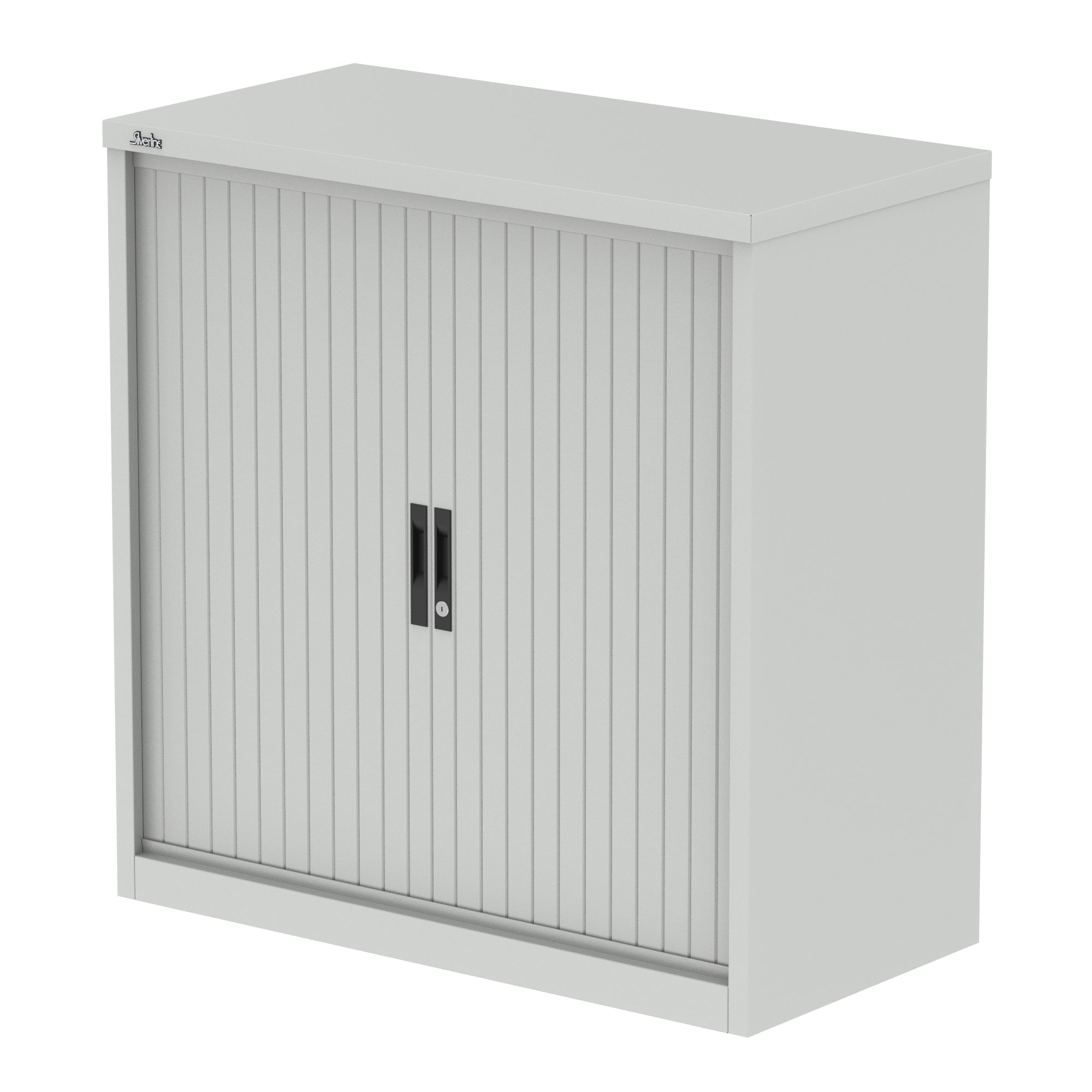 Qube Side Tambour Cupboard with Shelves, Steel, 1000–2000mm Wide, Light Grey/White/Black, 5 Year Warranty