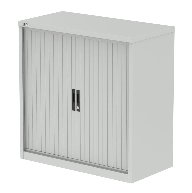 Qube Side Tambour Cupboard with Shelves, Steel, 1000–2000mm Wide, Light Grey/White/Black, 5 Year Warranty