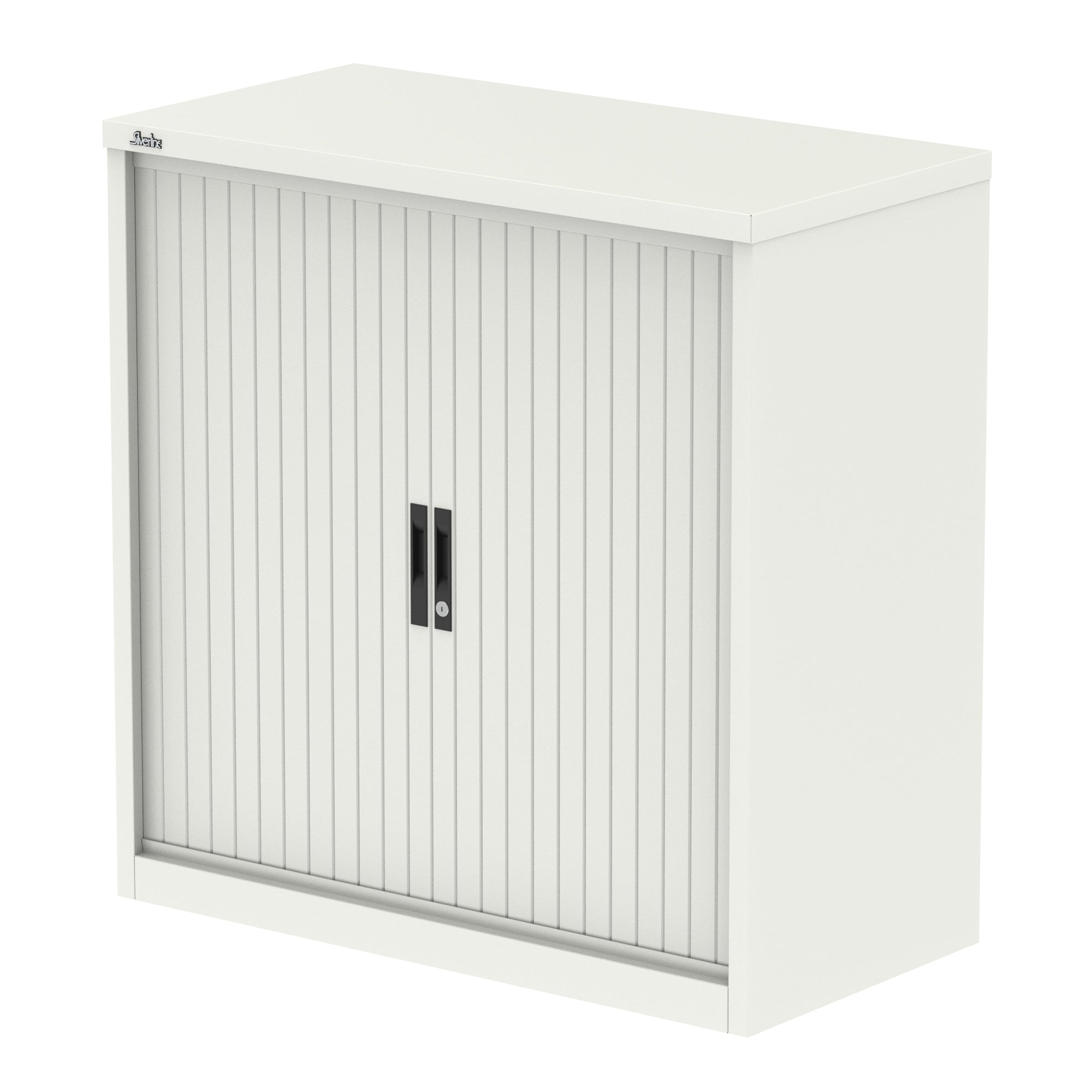 Qube Side Tambour Cupboard with Shelves, Steel, 1000–2000mm Wide, Light Grey/White/Black, 5 Year Warranty