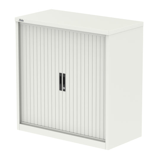 Qube Side Tambour Cupboard with Shelves, Steel, 1000–2000mm Wide, Light Grey/White/Black, 5 Year Warranty