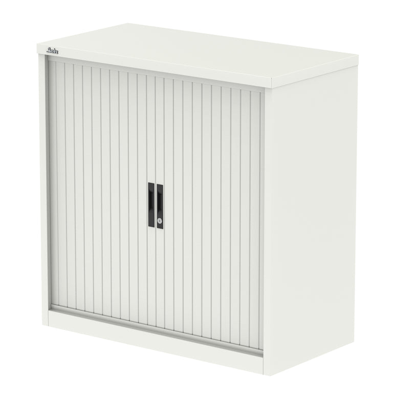 Qube Side Tambour Cupboard with Shelves, Steel, 1000–2000mm Wide, Light Grey/White/Black, 5 Year Warranty
