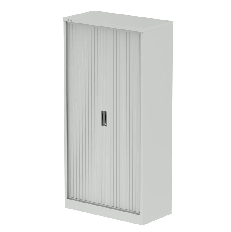 Qube Side Tambour Cupboard with Shelves, Steel, 1000–2000mm Wide, Light Grey/White/Black, 5 Year Warranty