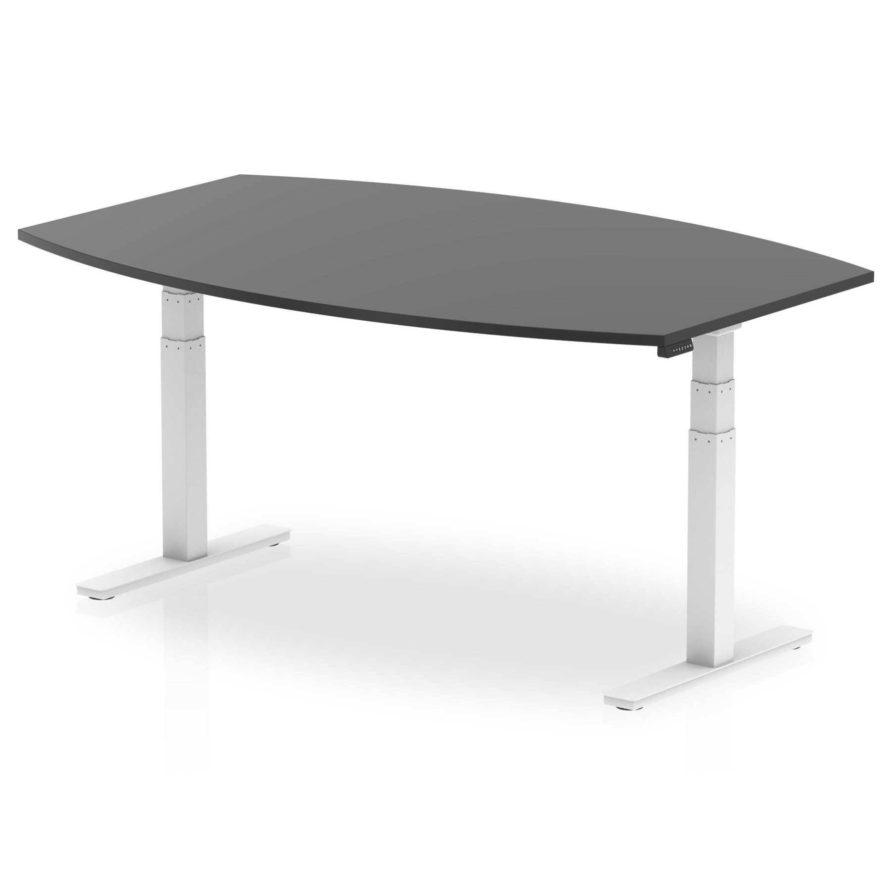 Hi-Gloss Height Adjustable Boardroom Table - High Gloss Writable Surface, 1800x1200 or 2400x1200, Barrel Shape, Silver/White Frame