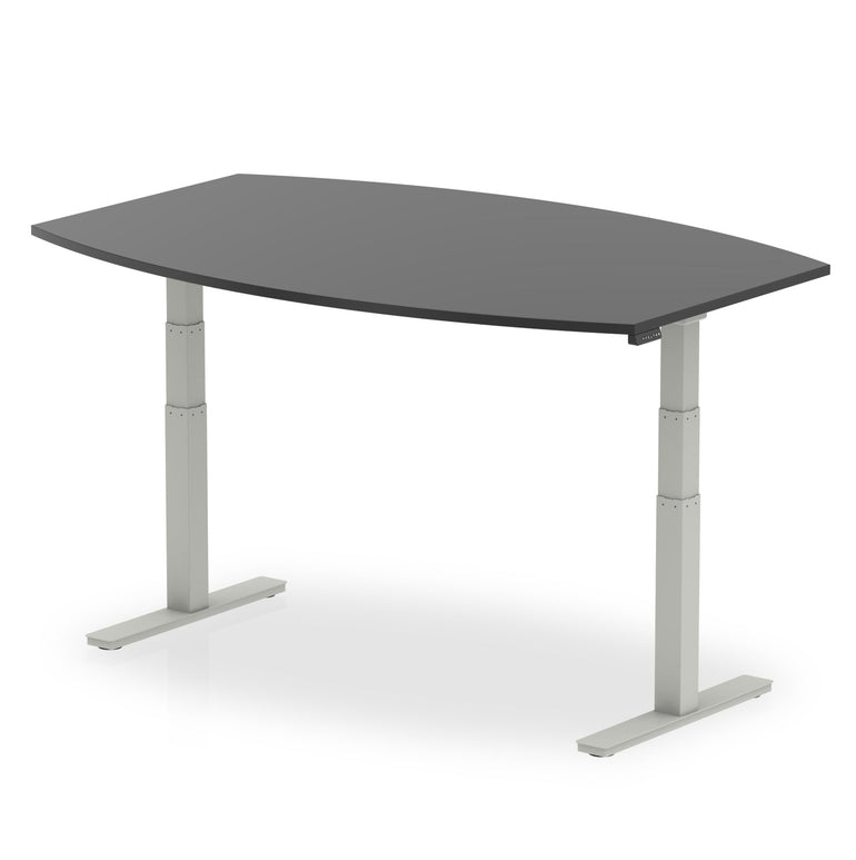 Hi-Gloss Height Adjustable Boardroom Table - High Gloss Writable Surface, 1800x1200 or 2400x1200, Barrel Shape, Silver/White Frame