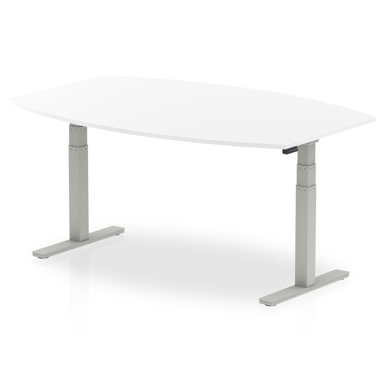 Hi-Gloss Height Adjustable Boardroom Table - High Gloss Writable Surface, 1800x1200 or 2400x1200, Barrel Shape, Silver/White Frame