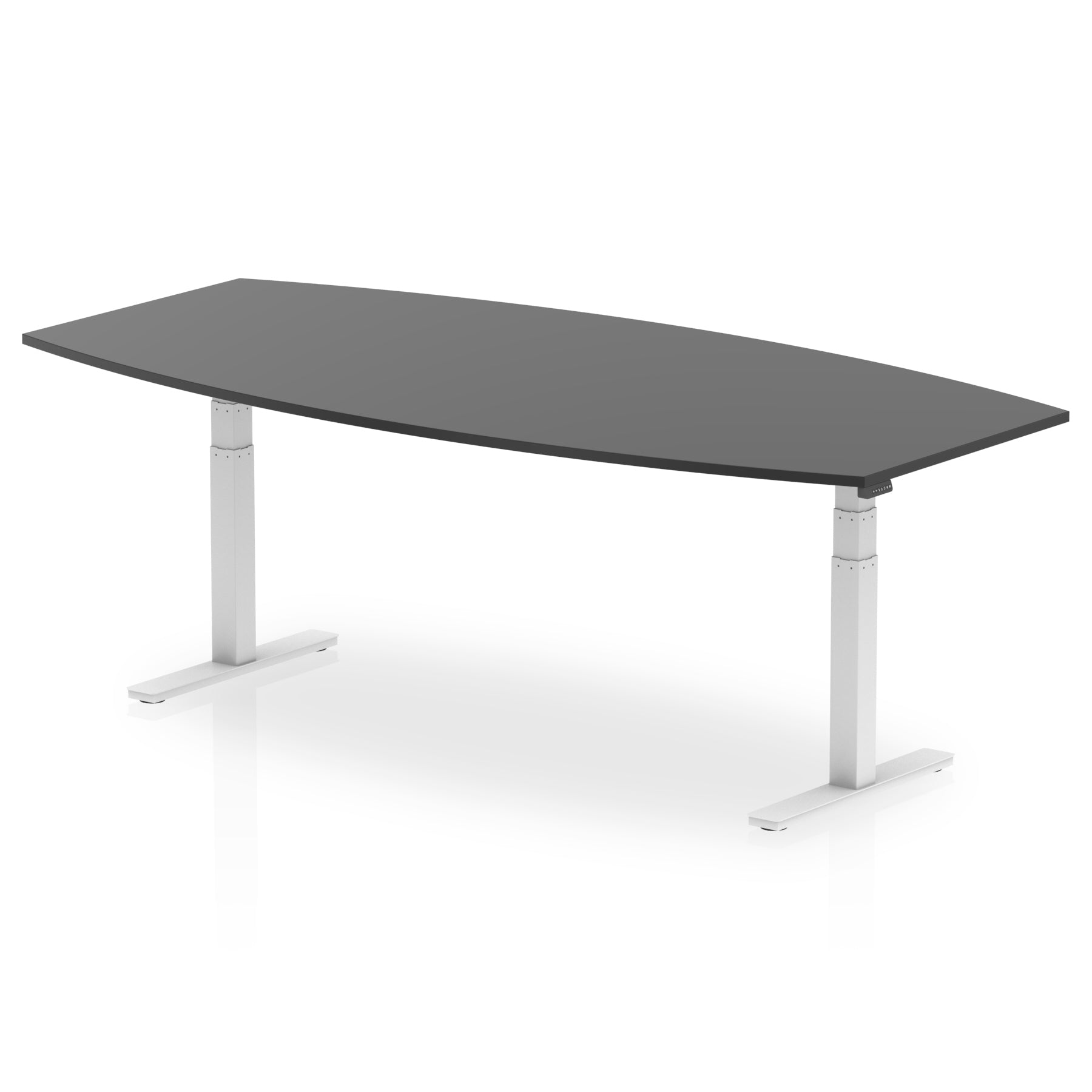 Hi-Gloss Height Adjustable Boardroom Table - High Gloss Writable Surface, 1800x1200 or 2400x1200, Barrel Shape, Silver/White Frame