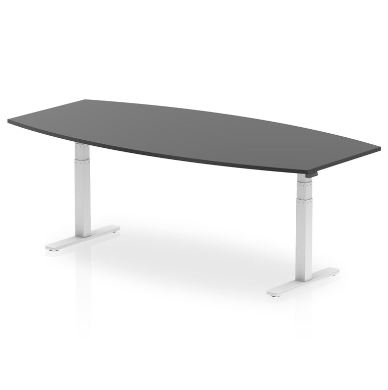 Hi-Gloss Height Adjustable Boardroom Table - High Gloss Writable Surface, 1800x1200 or 2400x1200, Barrel Shape, Silver/White Frame