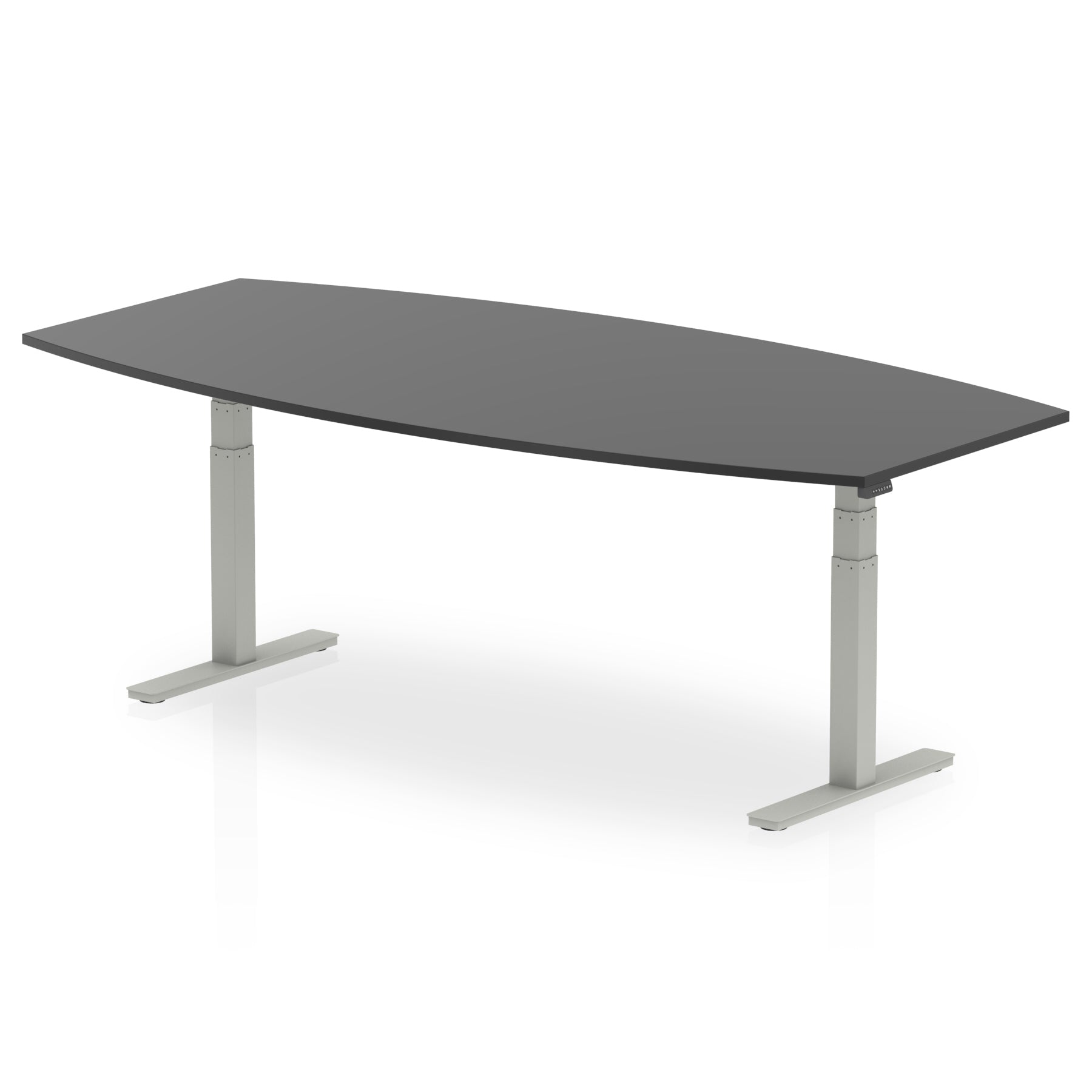 Hi-Gloss Height Adjustable Boardroom Table - High Gloss Writable Surface, 1800x1200 or 2400x1200, Barrel Shape, Silver/White Frame