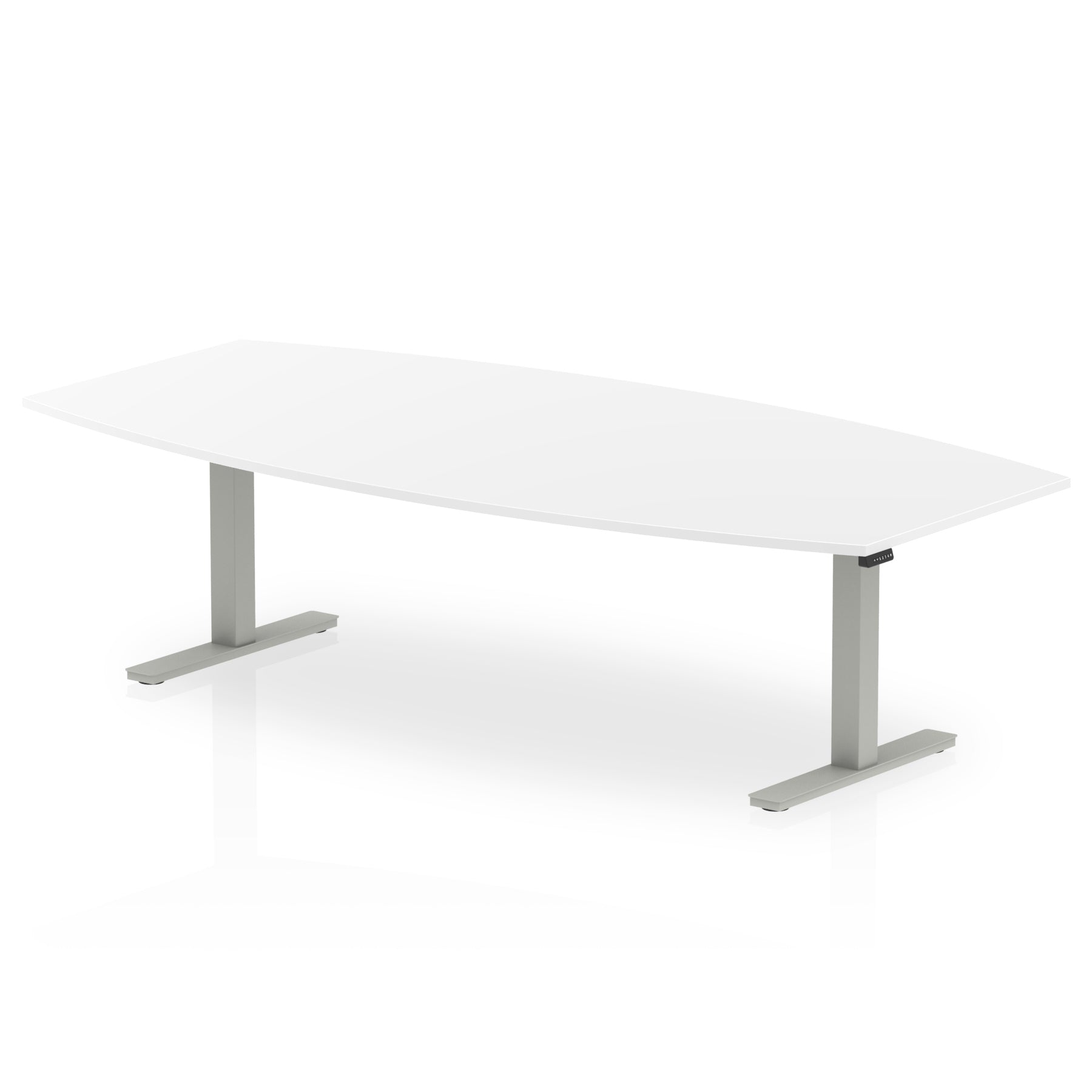 Hi-Gloss Height Adjustable Boardroom Table - High Gloss Writable Surface, 1800x1200 or 2400x1200, Barrel Shape, Silver/White Frame