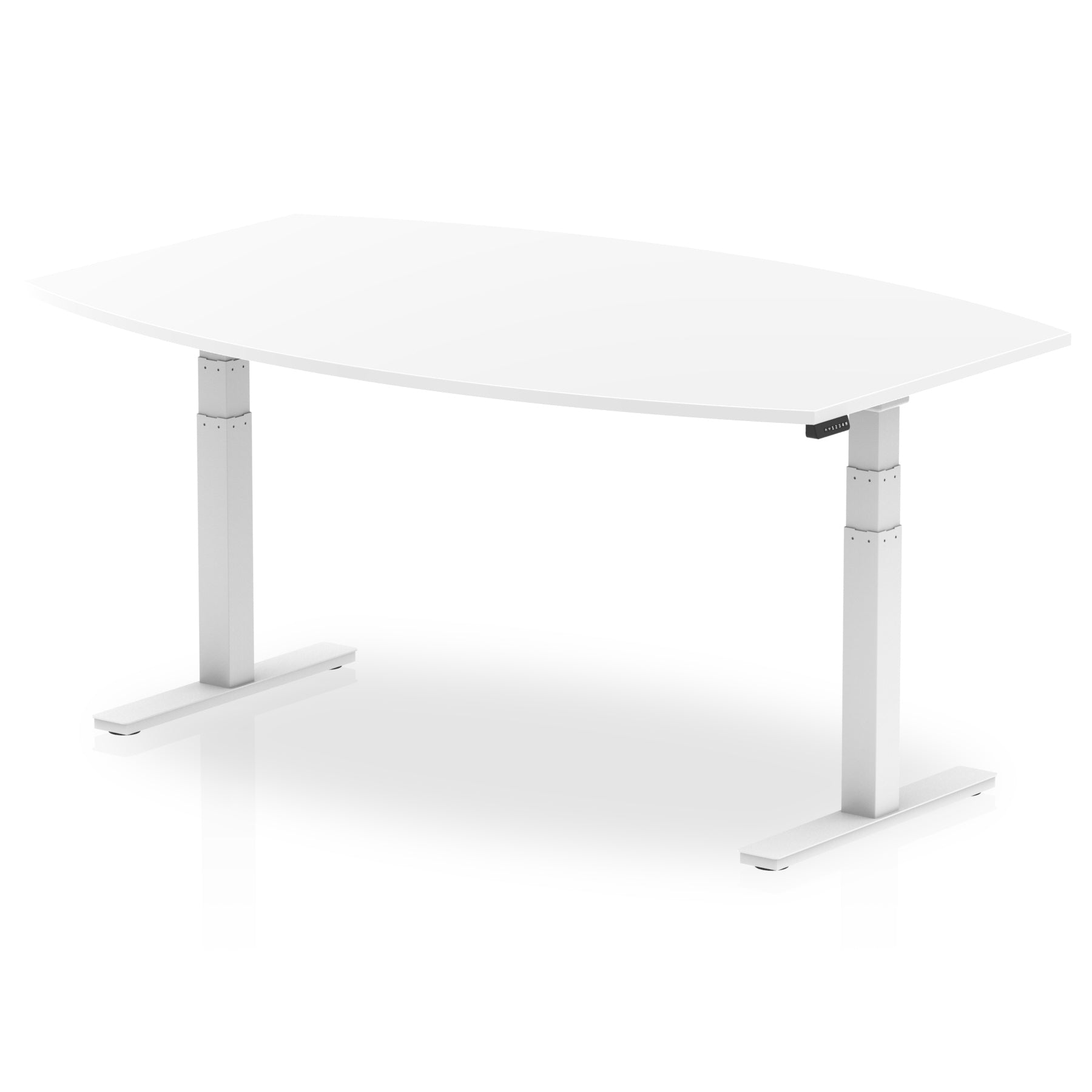 Hi-Gloss Height Adjustable Boardroom Table - High Gloss Writable Surface, 1800x1200 or 2400x1200, Barrel Shape, Silver/White Frame