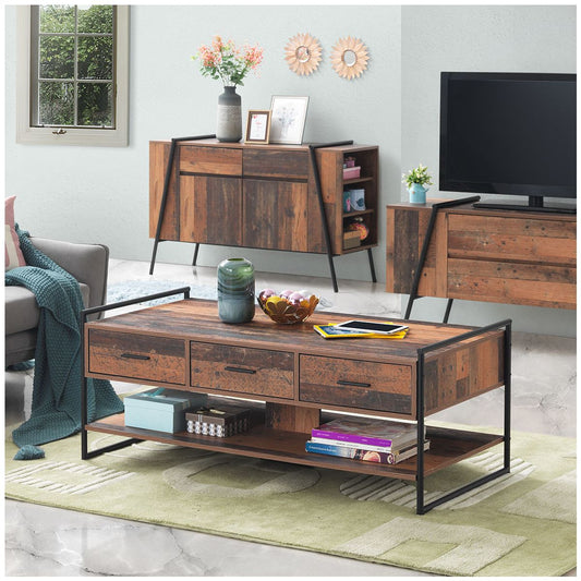 Abbey Coffee Table with 3 Drawers & Open Shelf allhomely