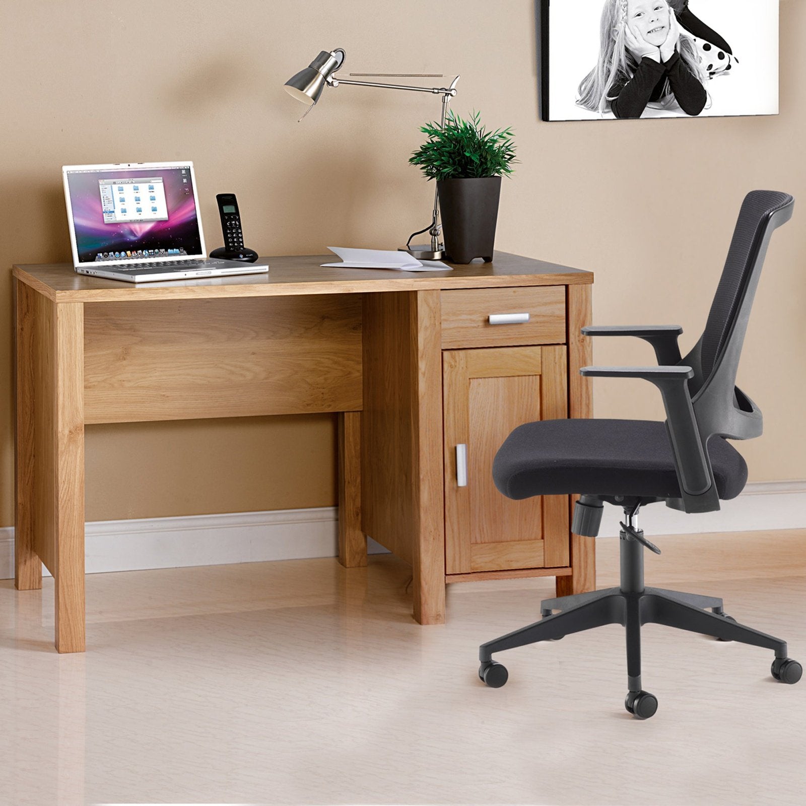 Amazon home office workstation with integrated drawer and cupboard unit - oak - Office Products Online
