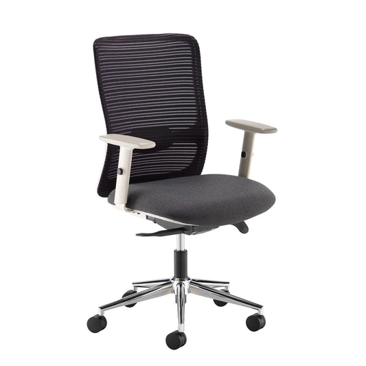 Arcade black mesh back operator chair with fabric seat, light grey frame and chrome base - Office Products Online