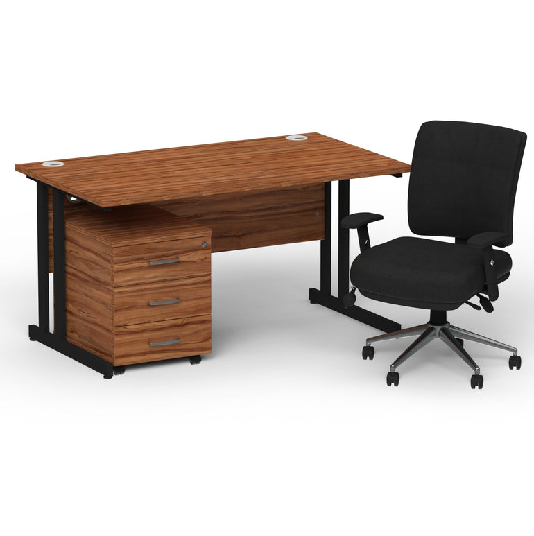 Impulse 1400mm Cantilever Straight Desk & Mobile Pedestal with Chiro Medium Back Black Operator Chair - 5 Year Furniture Guarantee