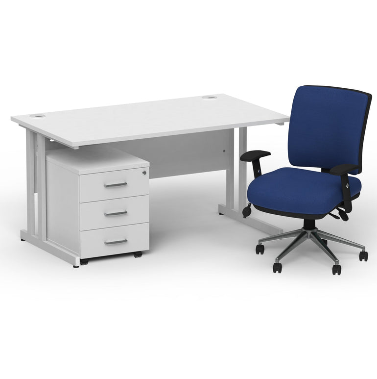 Impulse 1400mm Cantilever Desk & Mobile Pedestal with Chiro Medium Back Blue Chair - 5-Year Furniture Guarantee, 2-Year Seating Guarantee