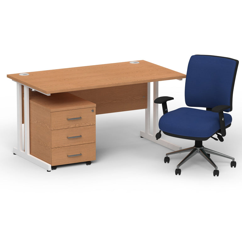 Impulse 1400mm Cantilever Desk & Mobile Pedestal with Chiro Medium Back Blue Chair - 5-Year Furniture Guarantee, 2-Year Seating Guarantee