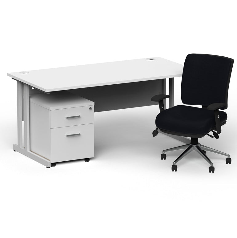 Impulse 1600mm Cantilever Desk & Mobile Pedestal with Chiro Medium Back Black Operator Chair - 5-Year Furniture Guarantee