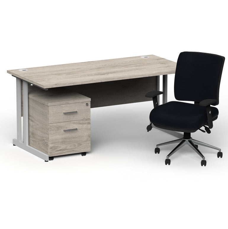 Impulse 1600mm Cantilever Desk & Mobile Pedestal with Chiro Medium Back Black Operator Chair - 5-Year Furniture Guarantee