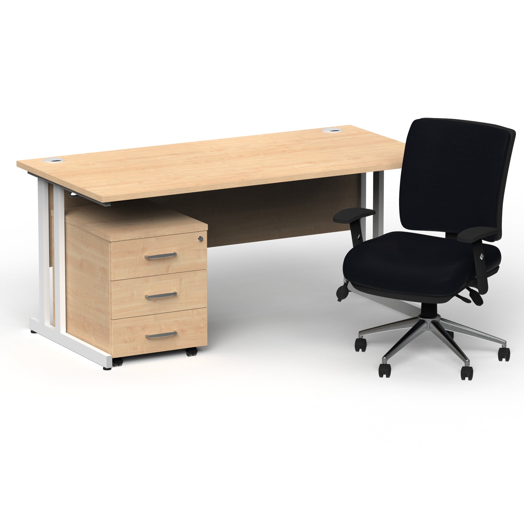 Impulse 1600mm Cantilever Desk & Mobile Pedestal with Chiro Medium Back Black Operator Chair - 5-Year Furniture Guarantee