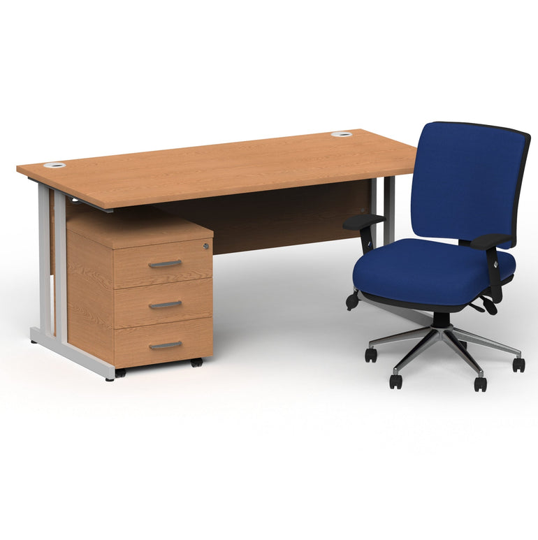 Impulse 1600mm Cantilever Desk & Mobile Pedestal with Chiro Medium Back Blue Chair - 5-Year Furniture Guarantee, 2-Year Seating Guarantee