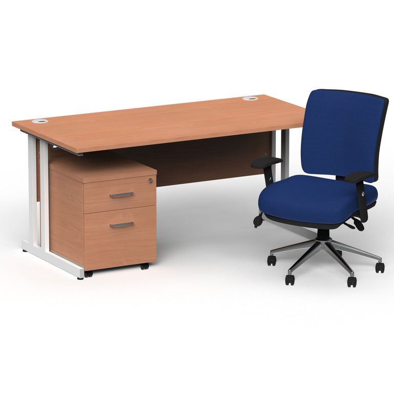 Impulse 1600mm Cantilever Desk & Mobile Pedestal with Chiro Medium Back Blue Chair - 5-Year Furniture Guarantee, 2-Year Seating Guarantee