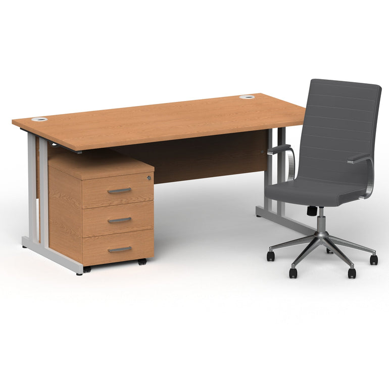 Impulse 1600mm Cantilever Straight Desk & Mobile Pedestal with Ezra Grey Executive Chair - 5-Year Furniture Guarantee, 2-Year Seating Warranty