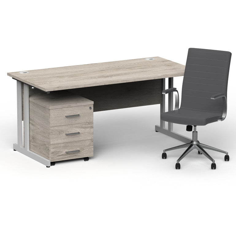 Impulse 1600mm Cantilever Straight Desk & Mobile Pedestal with Ezra Grey Executive Chair - 5-Year Furniture Guarantee, 2-Year Seating Warranty