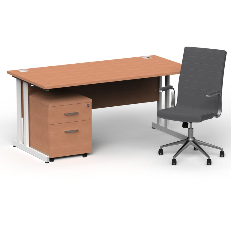 Impulse 1600mm Cantilever Straight Desk & Mobile Pedestal with Ezra Grey Executive Chair - 5-Year Furniture Guarantee, 2-Year Seating Warranty