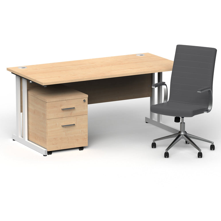 Impulse 1600mm Cantilever Straight Desk & Mobile Pedestal with Ezra Grey Executive Chair - 5-Year Furniture Guarantee, 2-Year Seating Warranty