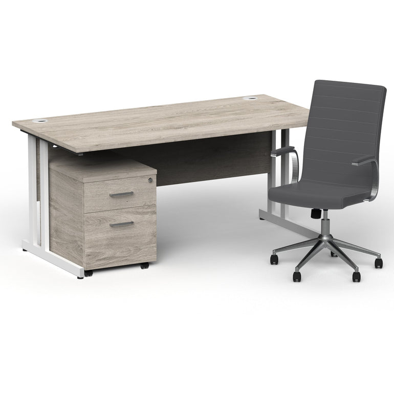 Impulse 1600mm Cantilever Straight Desk & Mobile Pedestal with Ezra Grey Executive Chair - 5-Year Furniture Guarantee, 2-Year Seating Warranty