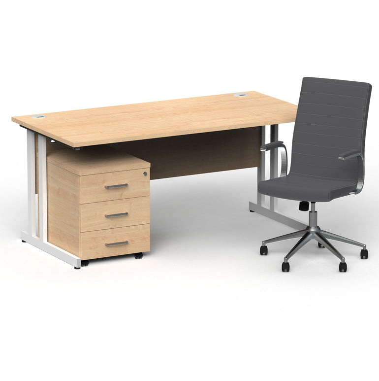 Impulse 1600mm Cantilever Straight Desk & Mobile Pedestal with Ezra Grey Executive Chair - 5-Year Furniture Guarantee, 2-Year Seating Warranty