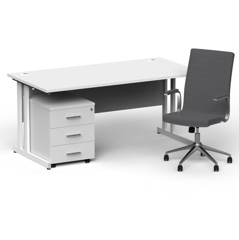 Impulse 1600mm Cantilever Straight Desk & Mobile Pedestal with Ezra Grey Executive Chair - 5-Year Furniture Guarantee, 2-Year Seating Warranty