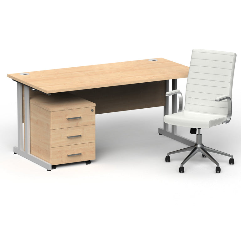 Impulse 1600mm Cantilever Straight Desk & Mobile Pedestal with Ezra White Executive Chair - 5-Year Furniture Guarantee, 2-Year Seating Guarantee