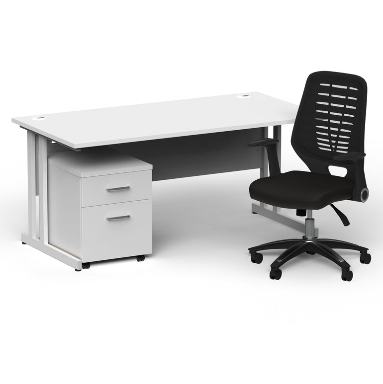 Impulse 1600mm Cantilever Straight Desk & Mobile Pedestal with Relay Black Back Operator Chair - MFC Material, 5-Year Furniture Guarantee