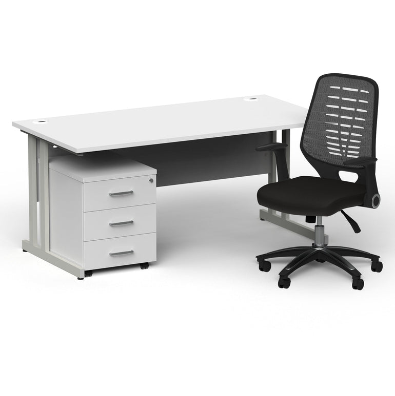 Impulse 1600mm Cantilever Straight Desk & Mobile Pedestal with Relay Silver Back Operator Chair - 5-Year Furniture Guarantee, MFC Material