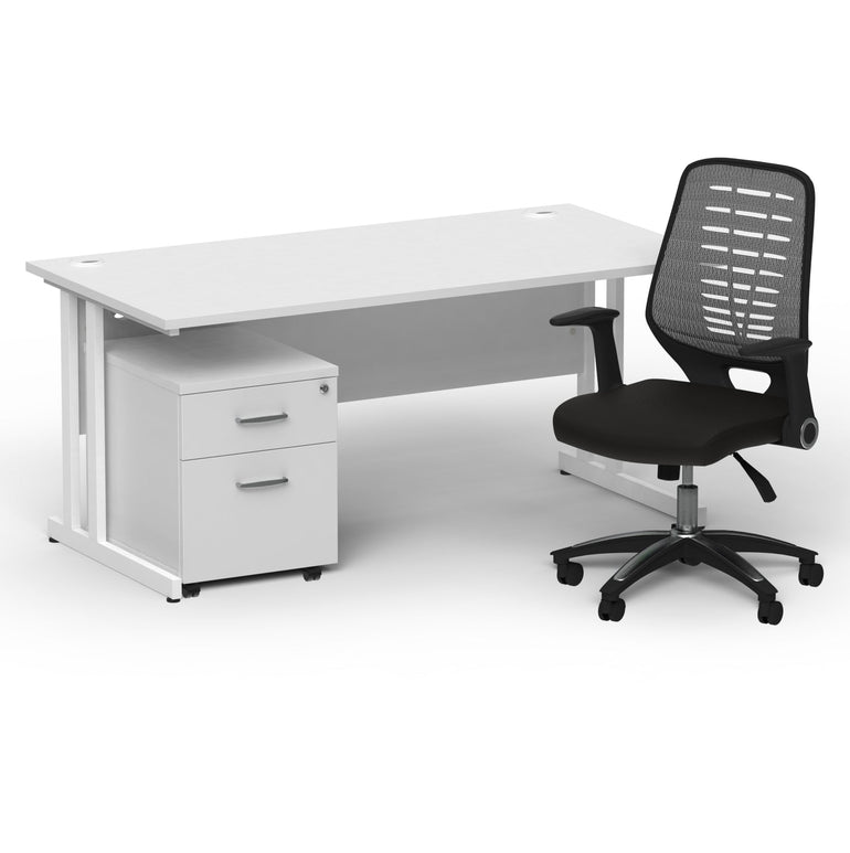 Impulse 1600mm Cantilever Straight Desk & Mobile Pedestal with Relay Silver Back Operator Chair - 5-Year Furniture Guarantee, MFC Material